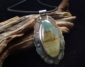 Succor Creek Jasper Sterling Silver Pendant,  Hand Stamped Pattern on Sterling Silver, Gothic Point Shape Designer Cabochon, Picture Jasper