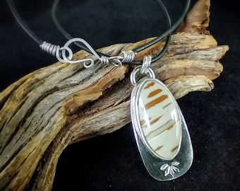 Owyhee Jasper Sterling Silver Pendant, Oval Designer Cabochon, Hand Stamped Embellishment, Artisan Jewelry, Jewelry Gift for Nature Lover