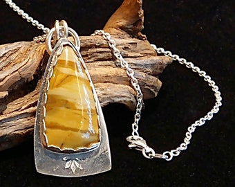 Hand Stamped Owyhee Jasper Sterling Silver Pendant, Elongated Triangle or Gothic Point Shape Designer Cabochon, Picture Jasper Pendant