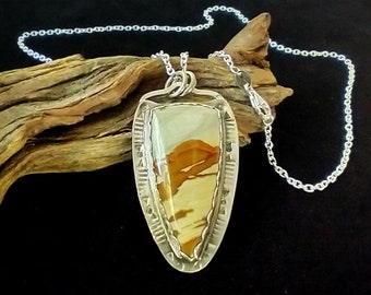 Owyhee Jasper Sterling Silver Pendant,  Gothic Point Shape Designer Cabochon, Hand Stamped Pattern on Sterling Silver, Picture Jasper