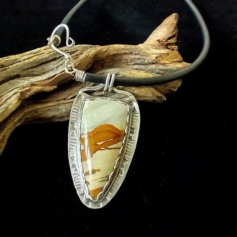 Owyhee Jasper Sterling Silver Pendant, Gothic Point Shape Designer Cabochon, Hand Stamped Pattern on Sterling Silver, Picture Jasper image 5