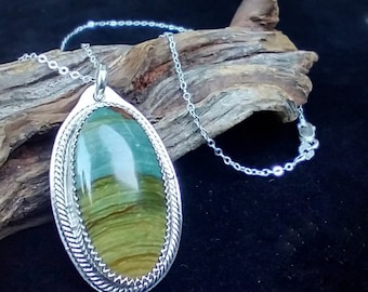 Handcrafted Sterling Silver Pendant, Caldera Paint Jasper Stone, Elongated Oval Shape, Designer Cabochon, Handmade Nature Inspired Jewelry