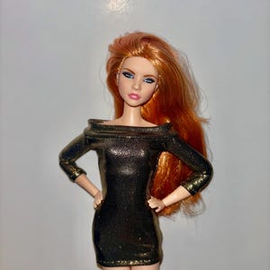 Gold Glam Fashion Doll Dress for Barbie, Fashion Royalty, and other similar sized 12” dolls.