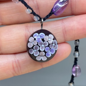 Violets flower lampwork necklace, hand made of glass, silk, mineral stones and silver 925
