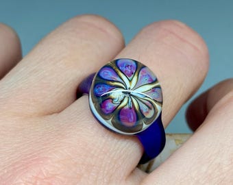 Handmade Lampwork Glass Ring – Unique Blue Floral Design