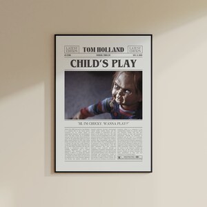 Child's Play, Tom Holland, póster de película de periódico retro, arte de pared en blanco y negro, impresión de arte retro vintage