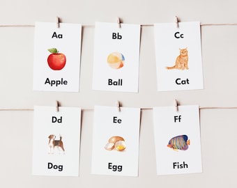 May include: Six white cards, each featuring a watercolour illustration and a word beginning with a different letter of the alphabet. The images include an apple, ball, cat, dog, egg, and fish. The cards are clipped to a string.