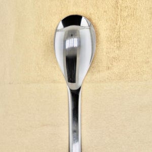 May include: A silver spoon with a rounded bowl and a long handle.