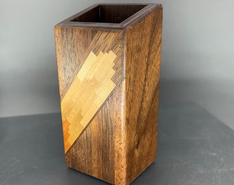 Inlaid Wood Pencil Cup: Handmade Desk Organizer