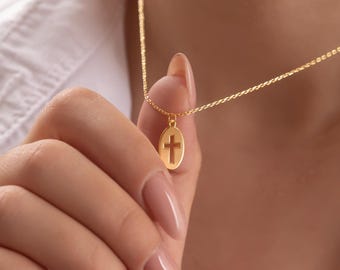 10 and 14K Solid Gold Oval Cross Necklace, Handmade Charm Pendant