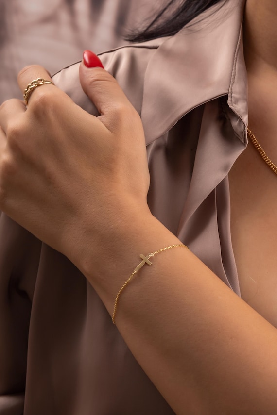 14K Solid Gold Sideways Cross Bracelet: Dainty Faith Jewelry Gift