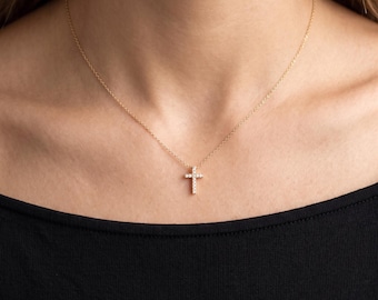 14K Solid Gold Diamond Cross Necklace / Religious Jewelry for Women