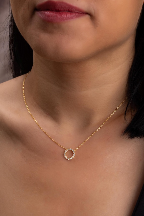 14k Gold Diamond Circle Pendant Necklace: Handmade Karma Jewelry