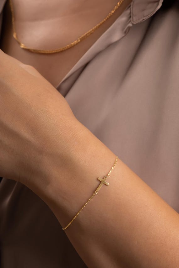 14K Solid Gold Sideways Cross Bracelet: Dainty Faith Jewelry Gift