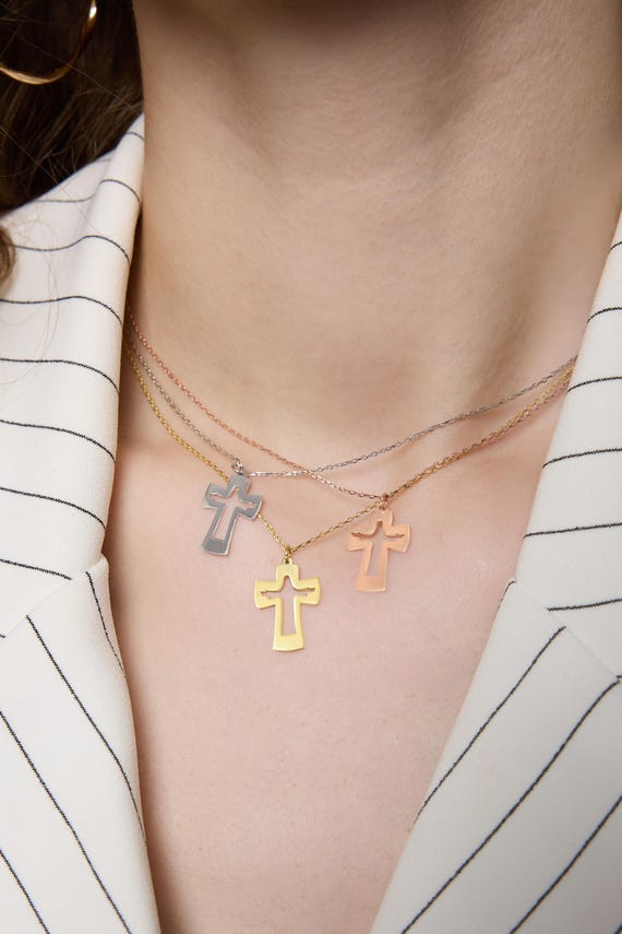 14K Solid Gold Cross Necklace: Dainty Religious Jewelry