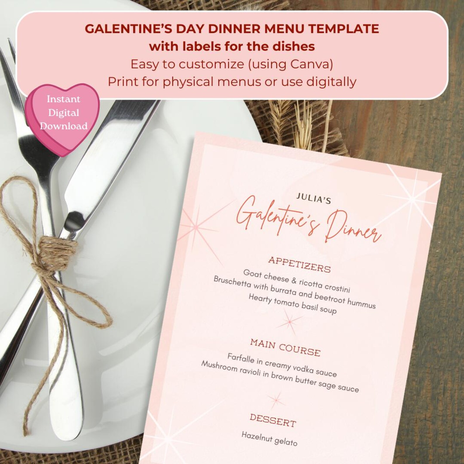 Galentine's Day Dinner Menu Template Girls Night Menu With Place Cards ...