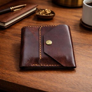 Può includere: Un portafoglio in pelle marrone con chiusura a patta e bottone in ottone. Il portafoglio è quadrato e presenta cuciture visibili con filo marrone chiaro. La pelle ha un aspetto ricco e strutturato. Il portafoglio è su una superficie di legno.