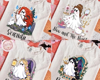 May include: Four off-white t-shirts featuring ghost characters inspired by fairy tales. Designs include a red-haired ghost with a bow, a ghost with a rose, a long-haired ghost with a lantern, and a ghost with a magic lamp, labeled Scarida, Boo and The Beast, Boo-Punzel, and Boo-smins.