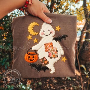 Patchwork Ghost PNG Floral Halloween Sublimation Design Cute Vintage Fall Spooky Season Shirt Graphic Pumpkin Bat Digital Download