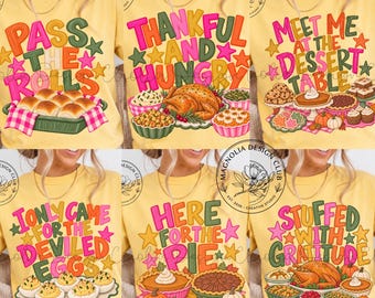 May include: A collage of six yellow t-shirts featuring Thanksgiving-themed graphics and text. Designs include 'Pass the rolls', 'Thankful and hungry', 'Meet me at the dessert table', 'I only came for the deviled eggs', 'Here for the pie', and 'Stuffed with gratitude'.