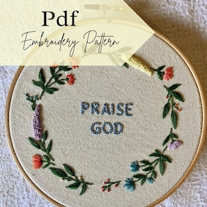 Praise God pdf hand embroidery pattern, Christian hand embroidery pattern, embroidered bible verse, digital hand embroidery, faith based art