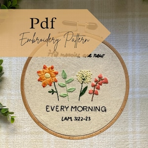 Botany pdf hand embroidery pattern, Christian hand embroidery pattern, embroidered bible verse, digital hand embroidery, his mercies are new