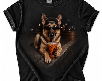 German Shepherd Drinking Iced Coffee Shirt, Funny Animal Meme Tee, Vintage Halloween Shirt, Trendy Dog Lover Gift, Fall Halloween T shirt