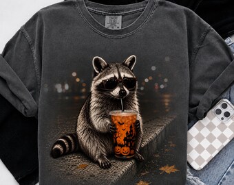 Racoon Drinking Iced Coffee Shirt, Funny Animal Meme Tee, Vintage Halloween Shirt, Trendy Racoon Lover Gift, Comfort Colors Fall Halloween