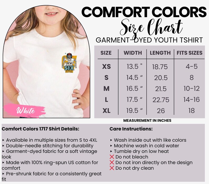 May include: White youth t-shirt with a small graphic on the front. The image includes a size chart with measurements in inches for youth sizes XS to XL. The shirt details and care instructions are also listed.