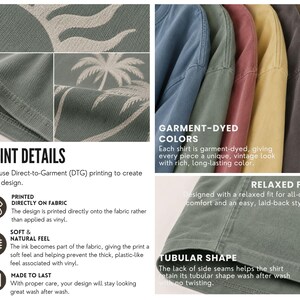 May include: A collection of t-shirts in various garment-dyed colors including blue, green, red, yellow, and grey. The shirts feature a palm tree and sun graphic print applied via direct-to-garment printing, a relaxed fit, and a seamless tubular shape.