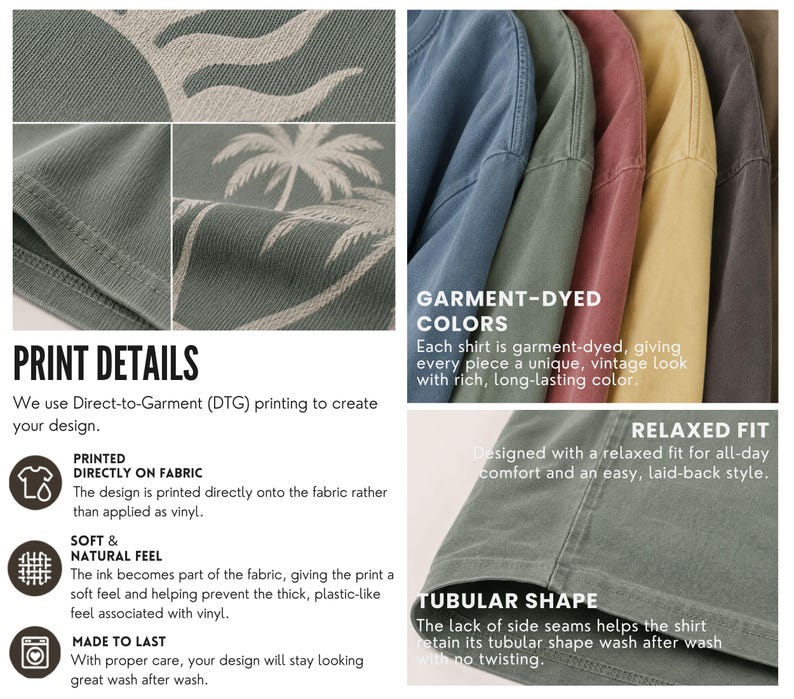 May include: A collection of t-shirts in various garment-dyed colors including blue, green, red, yellow, and grey. The shirts feature a palm tree and sun graphic print applied via direct-to-garment printing, a relaxed fit, and a seamless tubular shape.