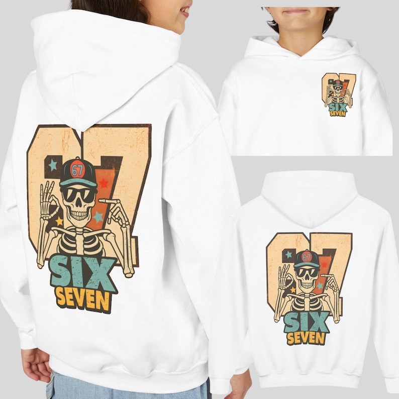 May include: White hoodie featuring a skeleton wearing sunglasses and a baseball cap, with the number 67 and the words "SIX SEVEN" in a vintage style. The design is on the back and front of the hoodie.