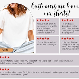 May include: A plain white t-shirt worn with light blue jeans, presented alongside a collection of six five-star customer reviews. The text at the top reads Customers are loving our shirts! and a small orange label indicates the color is WHITE.