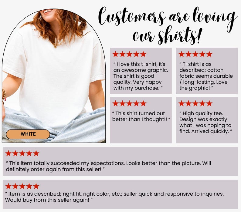 May include: A plain white t-shirt worn with light blue jeans, presented alongside a collection of six five-star customer reviews. The text at the top reads Customers are loving our shirts! and a small orange label indicates the color is WHITE.