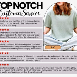 May include: A sage green short-sleeved t-shirt worn with light blue jeans. The image features the text TOP NOTCH Customer Service and five customer reviews with five-star ratings. A small orange rectangular label displays the word BAY.
