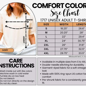 May include: Comfort Colors 1717 unisex adult t-shirt size chart in ivory. Includes a table with width and length measurements in inches for sizes S to 4XL, care instructions, and product features like double-needle stitching and ring-spun cotton.