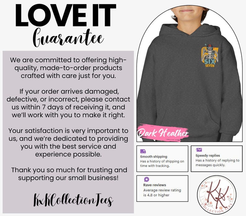 May include: Dark heather gray hoodie with a graphic on the upper left chest. The graphic features a skeleton with sunglasses and the text "SIX SEVEN". The image also includes text that says "LOVE IT Guarantee".