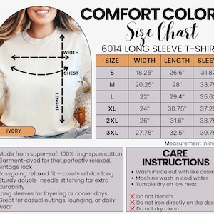 May include: An ivory long-sleeve t-shirt shown with a size chart for model 6014. The chart lists width, length, and sleeve measurements in inches for sizes S through 3XL. Includes care instructions for washing, drying, and garment maintenance.