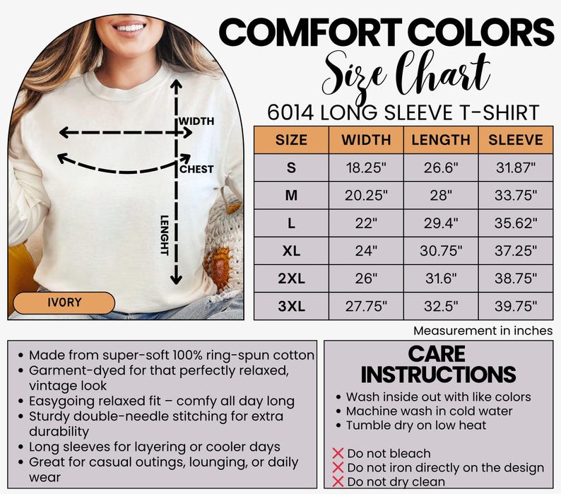 May include: An ivory long-sleeve t-shirt shown with a size chart for model 6014. The chart lists width, length, and sleeve measurements in inches for sizes S through 3XL. Includes care instructions for washing, drying, and garment maintenance.