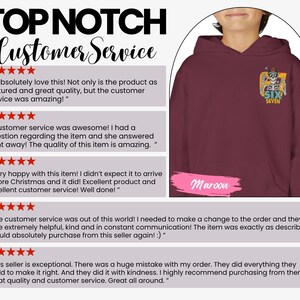 May include: Maroon hoodie with a graphic on the front. The graphic features a skeleton wearing sunglasses and a hat, with the words "SIX SEVEN". The image also includes customer service reviews.