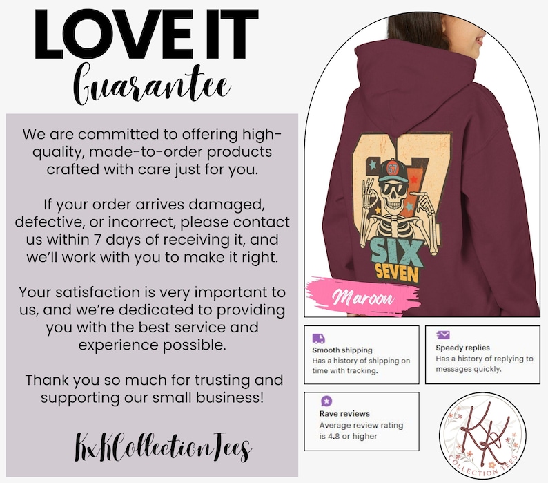 May include: Maroon hoodie with a graphic on the back featuring a skeleton wearing a cap and sunglasses, with the numbers "67" and the words "Six Seven". The hoodie has a drawstring hood and long sleeves. The text "LOVE IT Guarantee" is at the top.