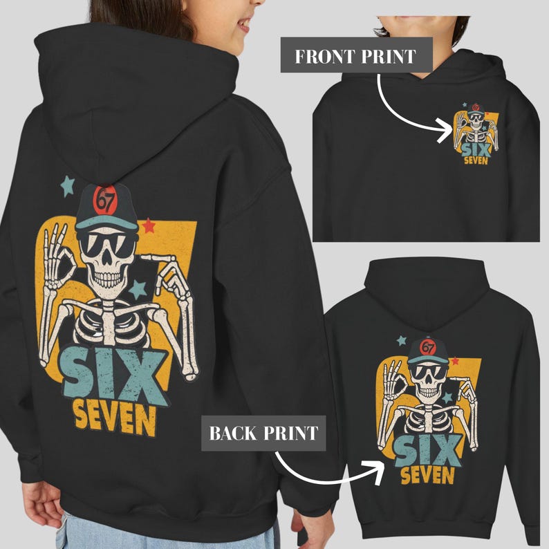 May include: Black hoodie with a skeleton graphic on the back and a smaller version on the front. The skeleton wears sunglasses and a baseball cap with the number "67". The text "SIX SEVEN" is below the skeleton in blue and yellow.