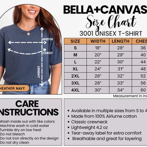 Puede incluir: Una tabla de tallas para camiseta unisex Bella+Canvas 3001 en azul marino jaspeado. El gr&aacute;fico muestra l&iacute;neas de medici&oacute;n para ancho, largo y pecho, junto a una tabla con tallas de S a 4XL en pulgadas e instrucciones de cuidado.