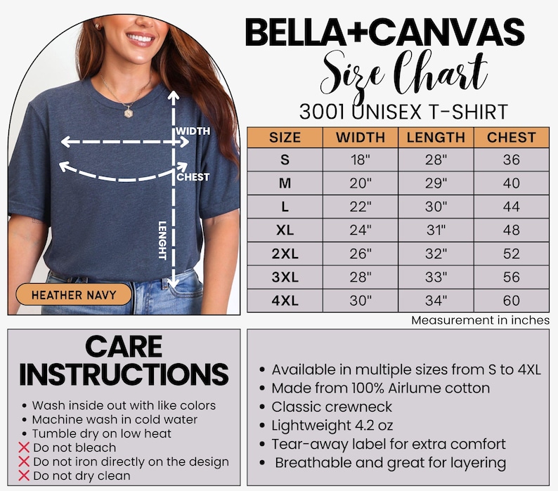 Puede incluir: Una tabla de tallas para camiseta unisex Bella+Canvas 3001 en azul marino jaspeado. El gr&aacute;fico muestra l&iacute;neas de medici&oacute;n para ancho, largo y pecho, junto a una tabla con tallas de S a 4XL en pulgadas e instrucciones de cuidado.