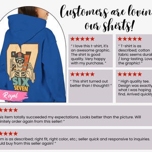 May include: Royal blue hoodie with a graphic of a skeleton wearing sunglasses and a baseball cap, with the number 67 and the words "SIX SEVEN". The hoodie has a drawstring hood and a kangaroo pocket.