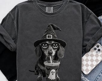 Dachshund Drinking Iced Coffee Shirt, Vintage Halloween Tee, Funny Animal Meme Shirt, Dog Lover Gift, Comfort Colors Fall Halloween T shirt
