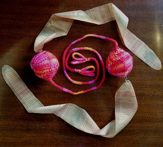 Burn Flow Dance Festival Hand Knit Teal Practice Poi 16 Double Loop Cords with Sheer Purple GlitterTails