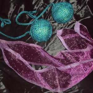 Burn Flow Dance Festival Hand Knit Teal Practice Poi 16 Double Loop Cords with Sheer Purple GlitterTails