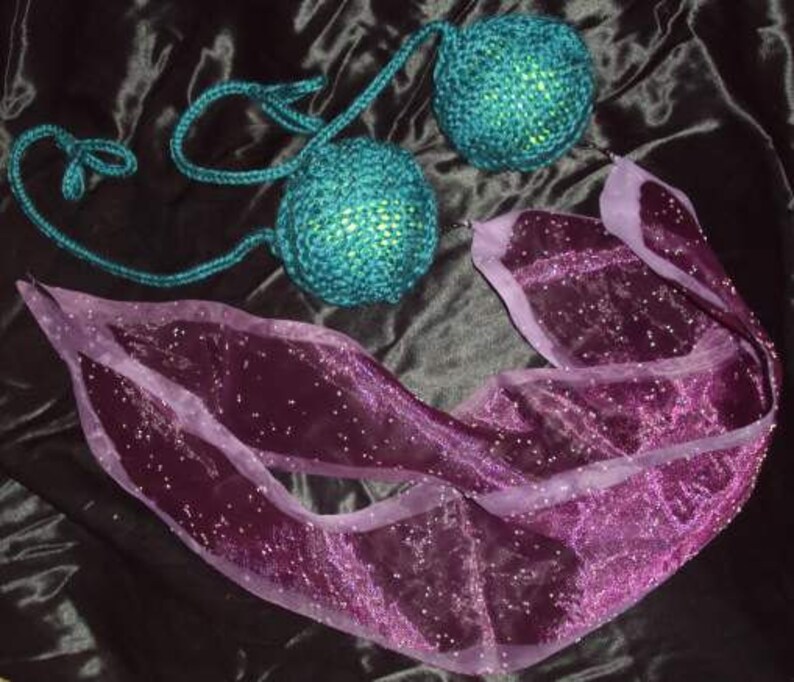 Burn Flow Dance Festival Hand Knit Teal Practice Poi 16 Double Loop Cords with Sheer Purple GlitterTails