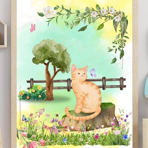 Cat wall art, colorful flower garden, animal wall decoration, cute watercolor, cat wall art, painting, art, flowers, nature